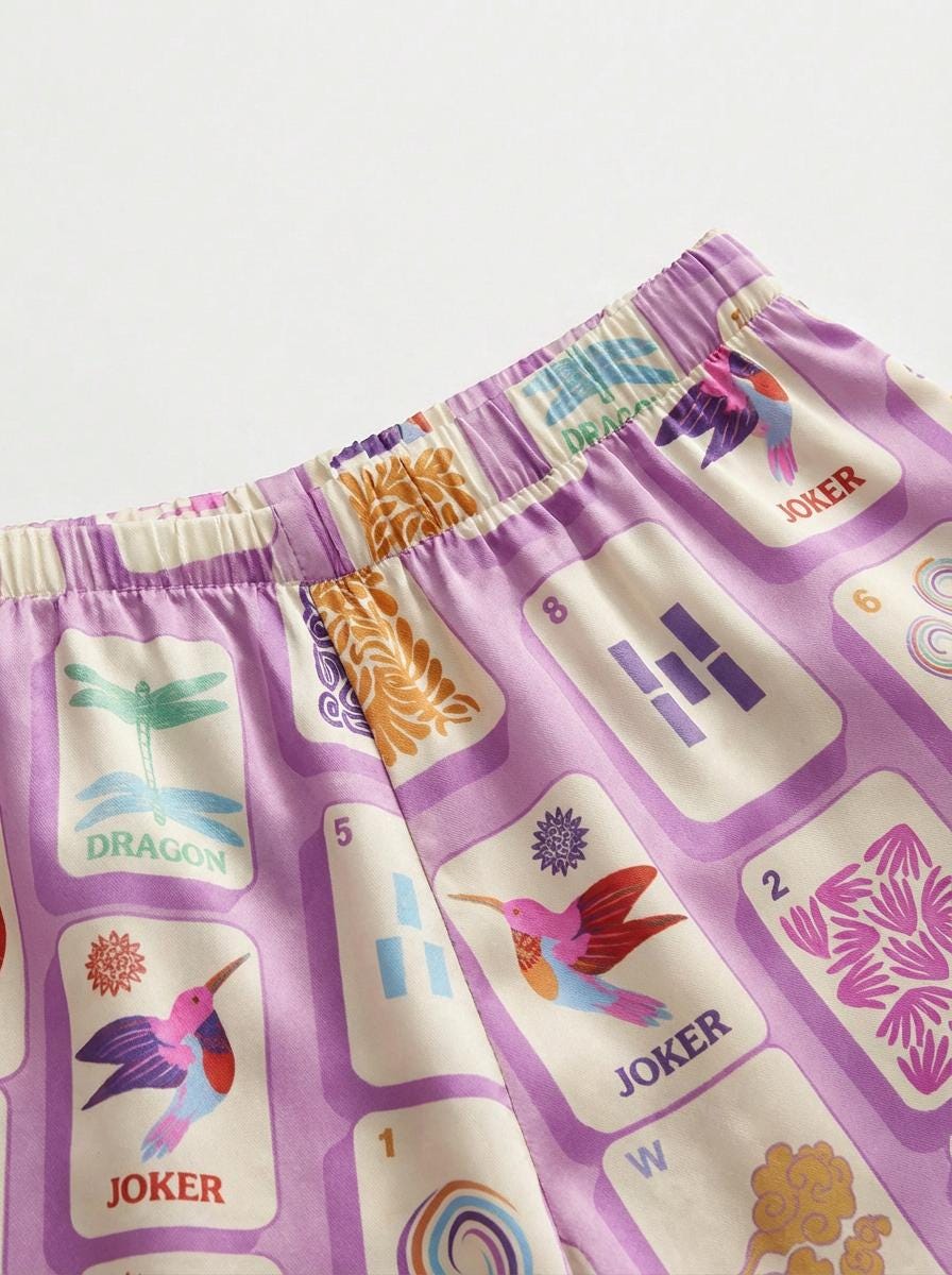 Mahjong Pajama Set for Women, Lucky Print Sleepwear, Game Night Satin PJs, Mah Jongg Gift for Her, Mother's Day Gift ,Fun Social Gamer Gift