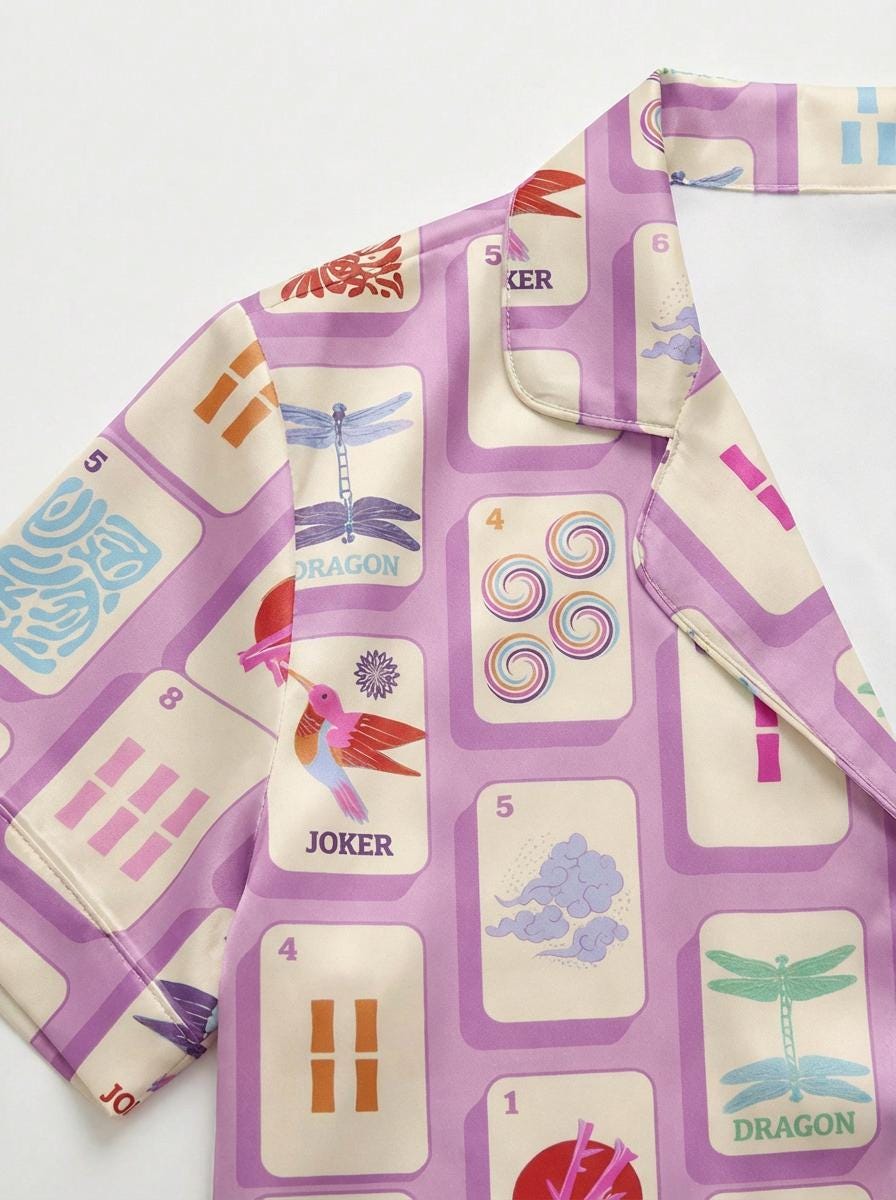 Mahjong Pajama Set for Women, Lucky Print Sleepwear, Game Night Satin PJs, Mah Jongg Gift for Her, Mother's Day Gift ,Fun Social Gamer Gift