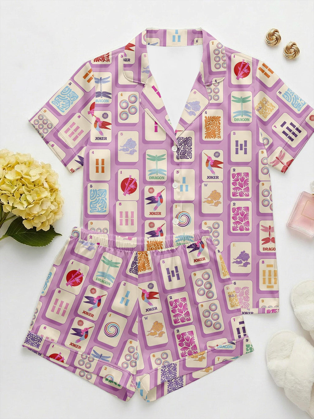 Mahjong Pajama Set for Women, Lucky Print Sleepwear, Game Night Satin PJs, Mah Jongg Gift for Her, Mother's Day Gift ,Fun Social Gamer Gift