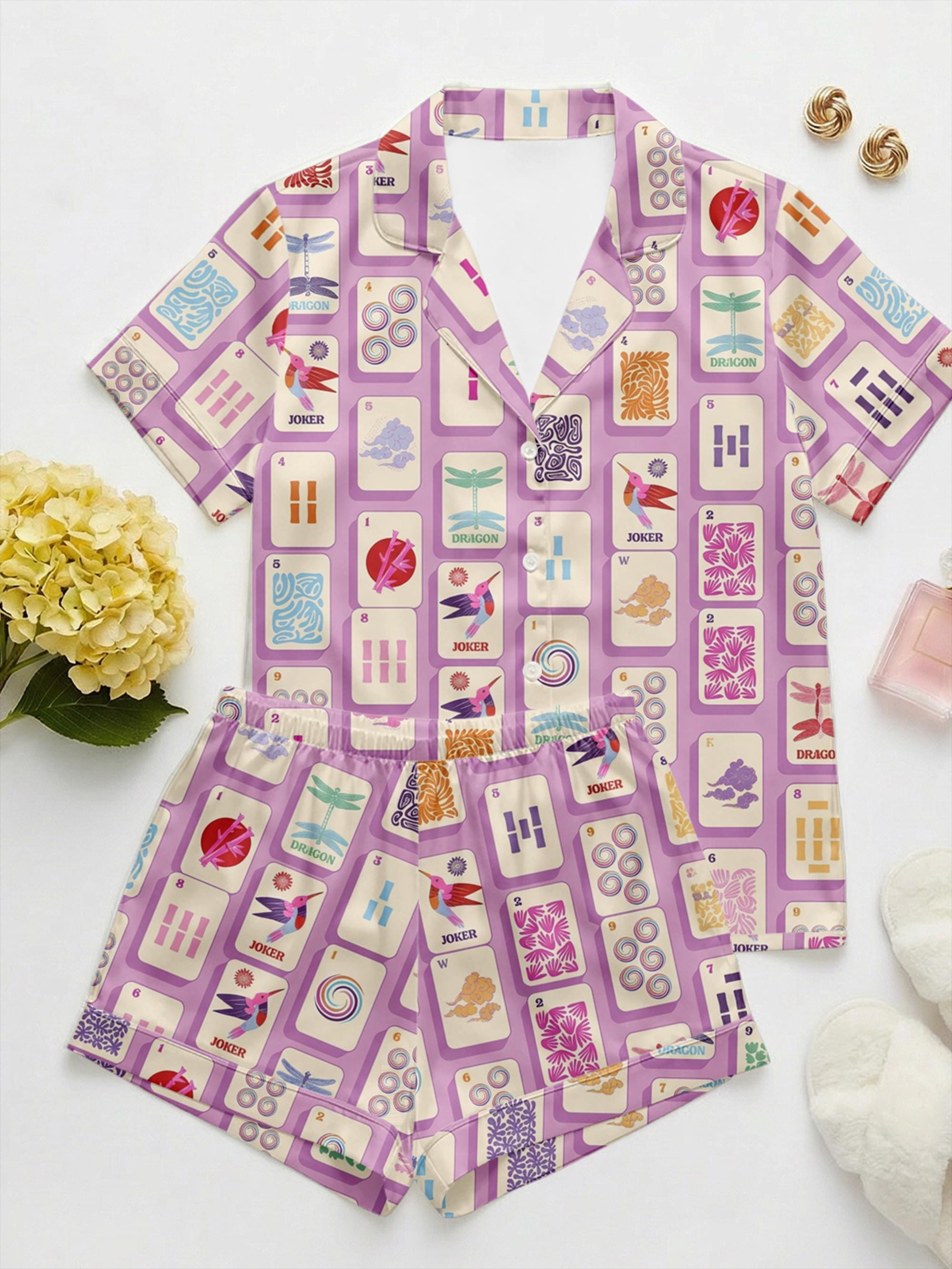Mahjong Pajama Set for Women, Lucky Print Sleepwear, Game Night Satin PJs, Mah Jongg Gift for Her, Mother's Day Gift ,Fun Social Gamer Gift