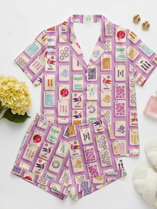 Mahjong Pajama Set for Women, Lucky Print Sleepwear, Game Night Satin PJs, Mah Jongg Gift for Her, Mother's Day Gift ,Fun Social Gamer Gift