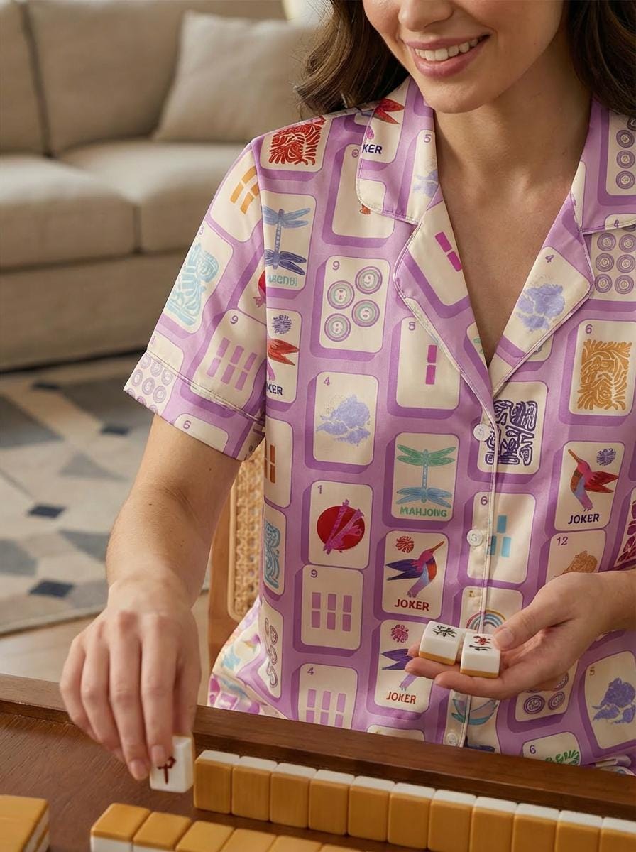 Mahjong Pajama Set for Women, Lucky Print Sleepwear, Game Night Satin PJs, Mah Jongg Gift for Her, Mother's Day Gift ,Fun Social Gamer Gift