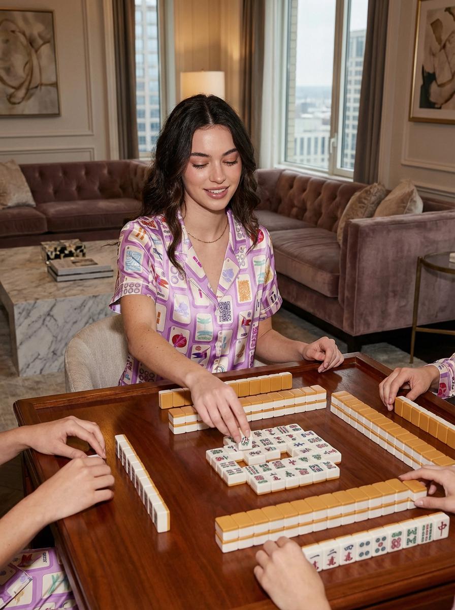 Mahjong Pajama Set for Women, Lucky Print Sleepwear, Game Night Satin PJs, Mah Jongg Gift for Her, Mother's Day Gift ,Fun Social Gamer Gift