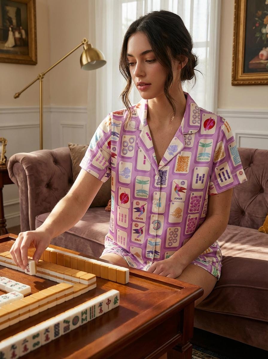 Mahjong Pajama Set for Women, Lucky Print Sleepwear, Game Night Satin PJs, Mah Jongg Gift for Her, Mother's Day Gift ,Fun Social Gamer Gift