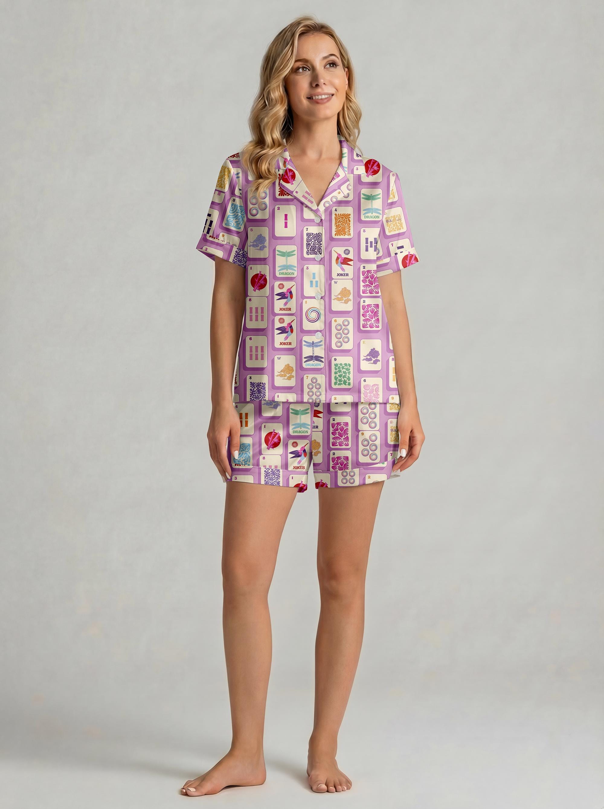 Mahjong Pajama Set for Women, Lucky Print Sleepwear, Game Night Satin PJs, Mah Jongg Gift for Her, Mother's Day Gift ,Fun Social Gamer Gift