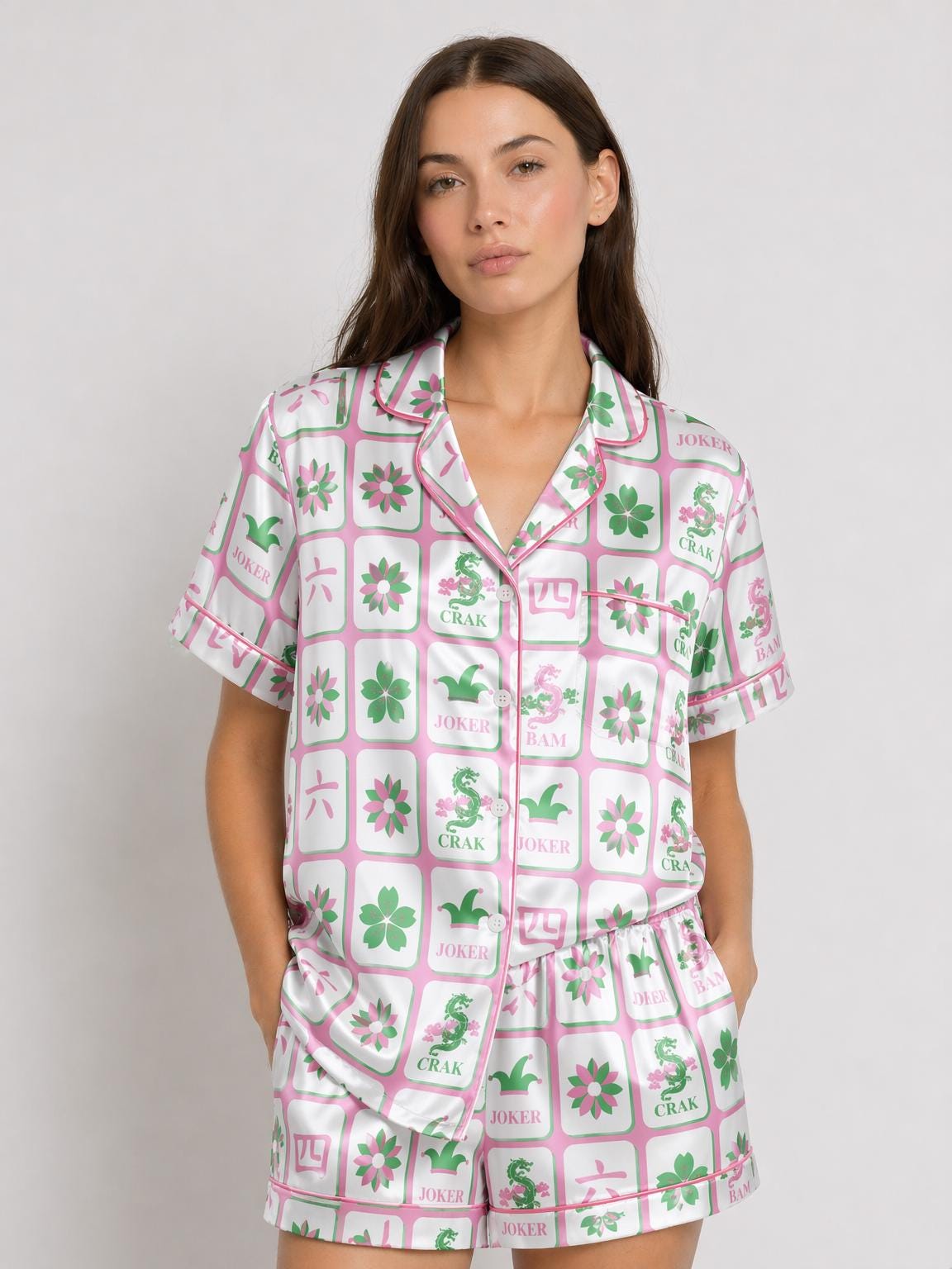 Mahjong Satin Pajama Set for Women, Summer Mahjong Print Sleepwear, American Mahjong Party Pajamas, Gift for Mahjong Lovers