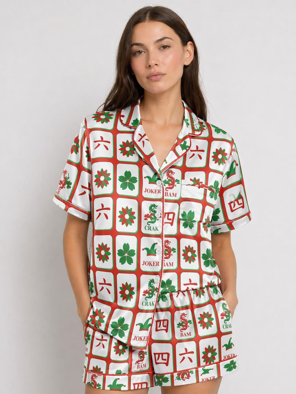 Mahjong Satin Pajama Set for Women, Summer Mahjong Print Sleepwear, American Mahjong Party Pajamas, Gift for Mahjong Lovers