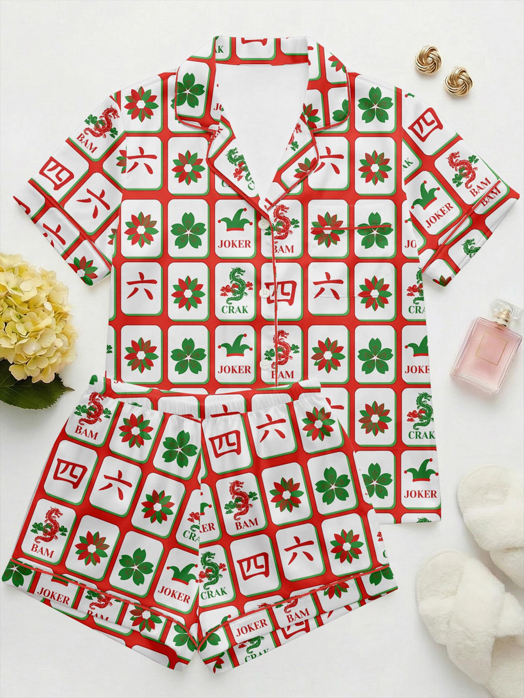 Mahjong Satin Pajama Set for Women, Summer Mahjong Print Sleepwear, American Mahjong Party Pajamas, Gift for Mahjong Lovers