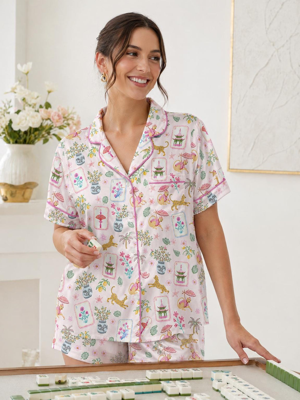 Mahjong Satin Pajama Set for Women, Monkey Print Pajamas, Summer Short PJs, Cute Oriental Mahjong Sleepwear, Gift for Mom