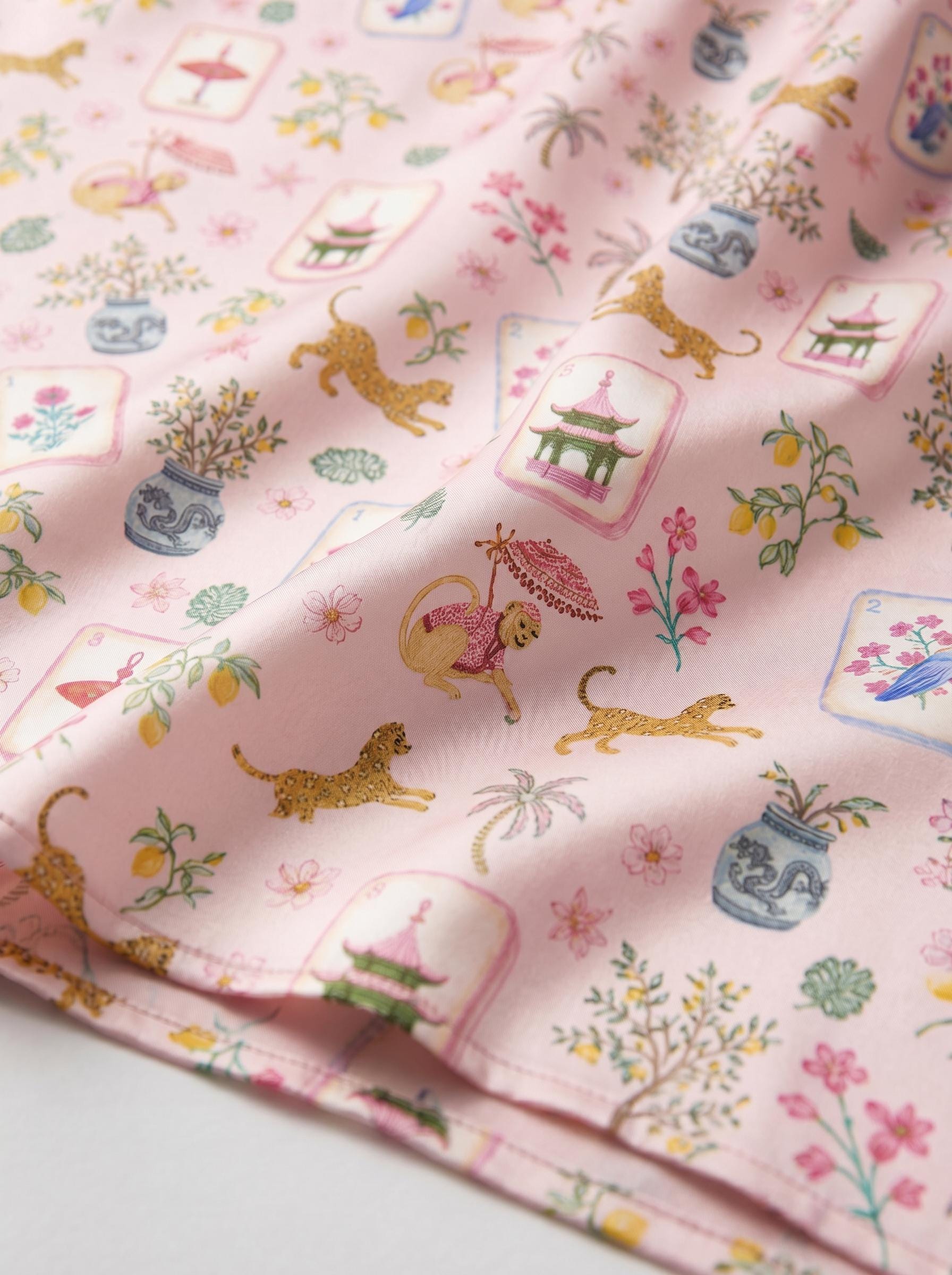 Mahjong Satin Pajama Set for Women, Monkey Print Pajamas, Summer Short PJs, Cute Oriental Mahjong Sleepwear, Gift for Mom