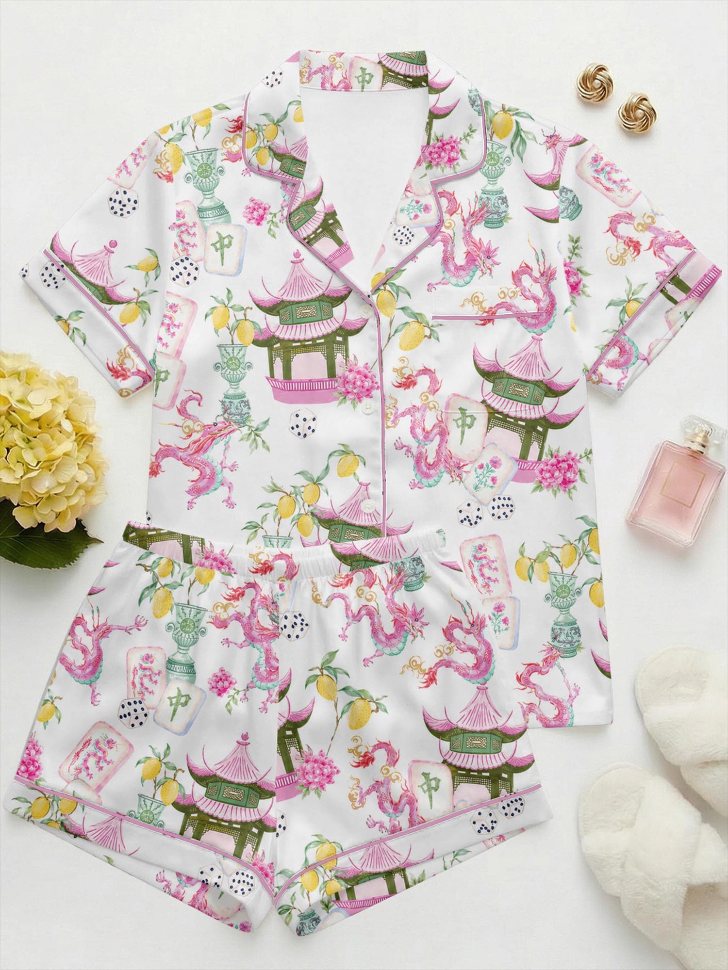 Mahjong Satin Pajama Set for Women, Chinese Dragon Print Pajamas, Summer Floral Silk PJs Aesthetic Loungewear, Gift for Mom