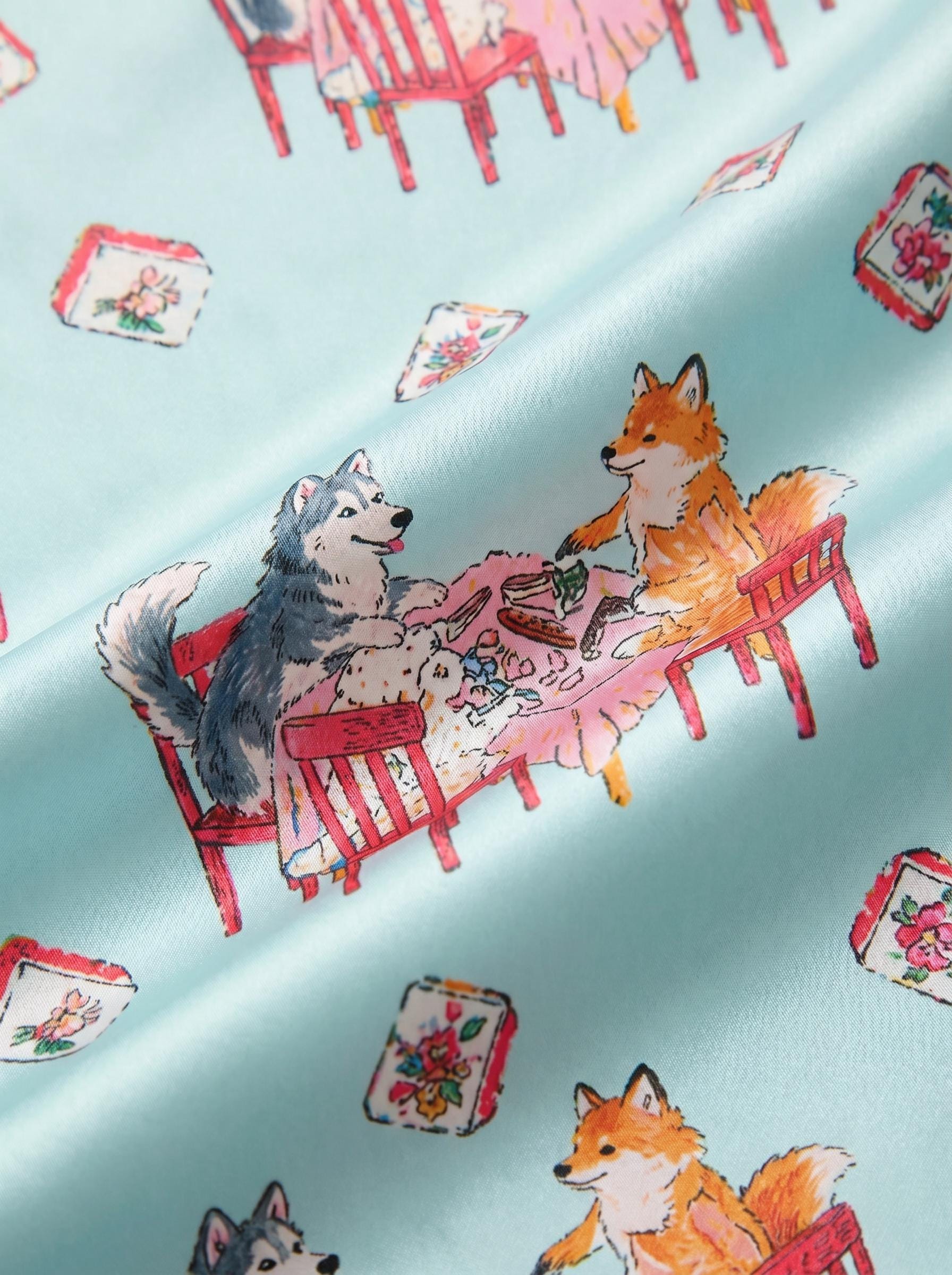 Animal Mahjong Satin Pajama Set, Cute Dog & Cat Pajamas, Summer Short PJs, Mahjong Party Outfit, Gift for Mahjong Lovers, Mother’s Day Gift