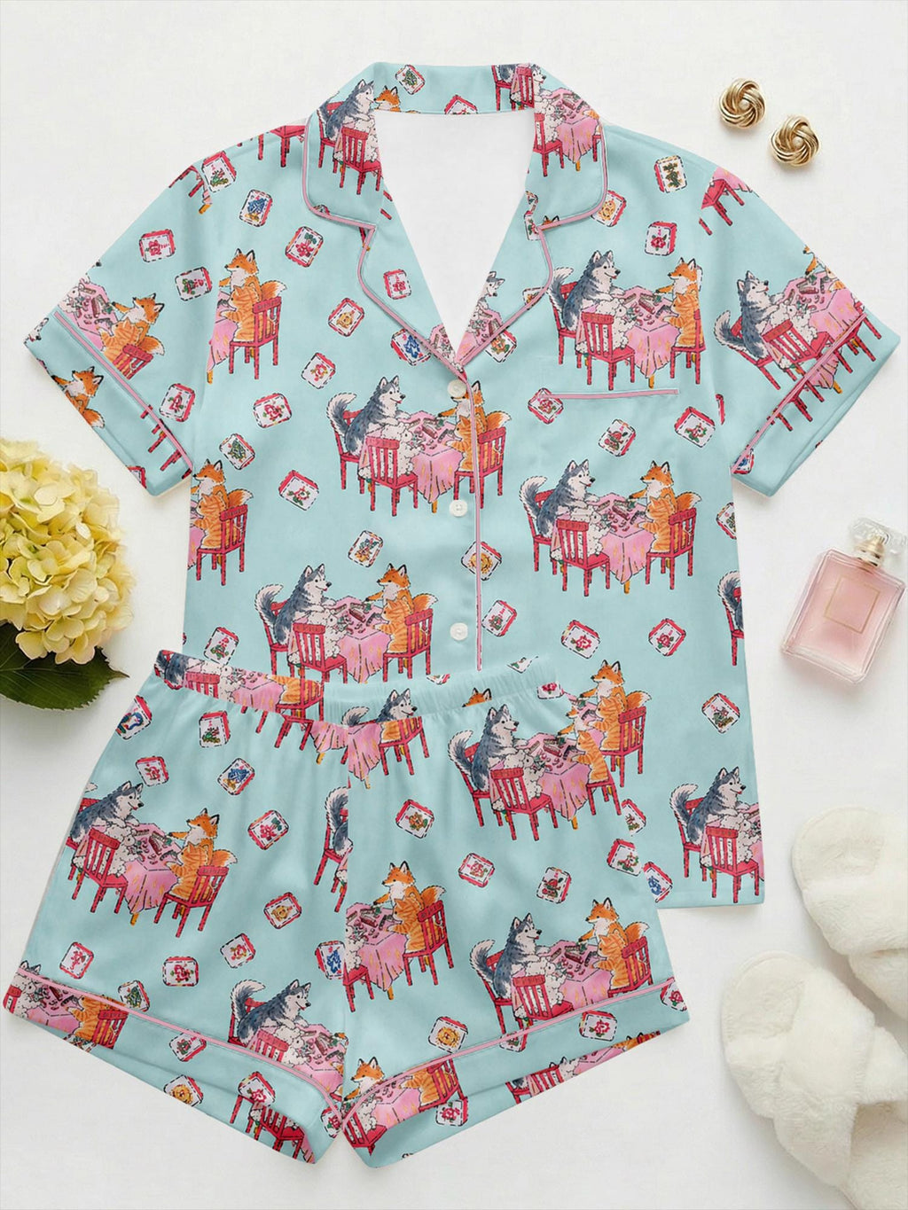 Animal Mahjong Satin Pajama Set, Cute Dog & Cat Pajamas, Summer Short PJs, Mahjong Party Outfit, Gift for Mahjong Lovers, Mother’s Day Gift