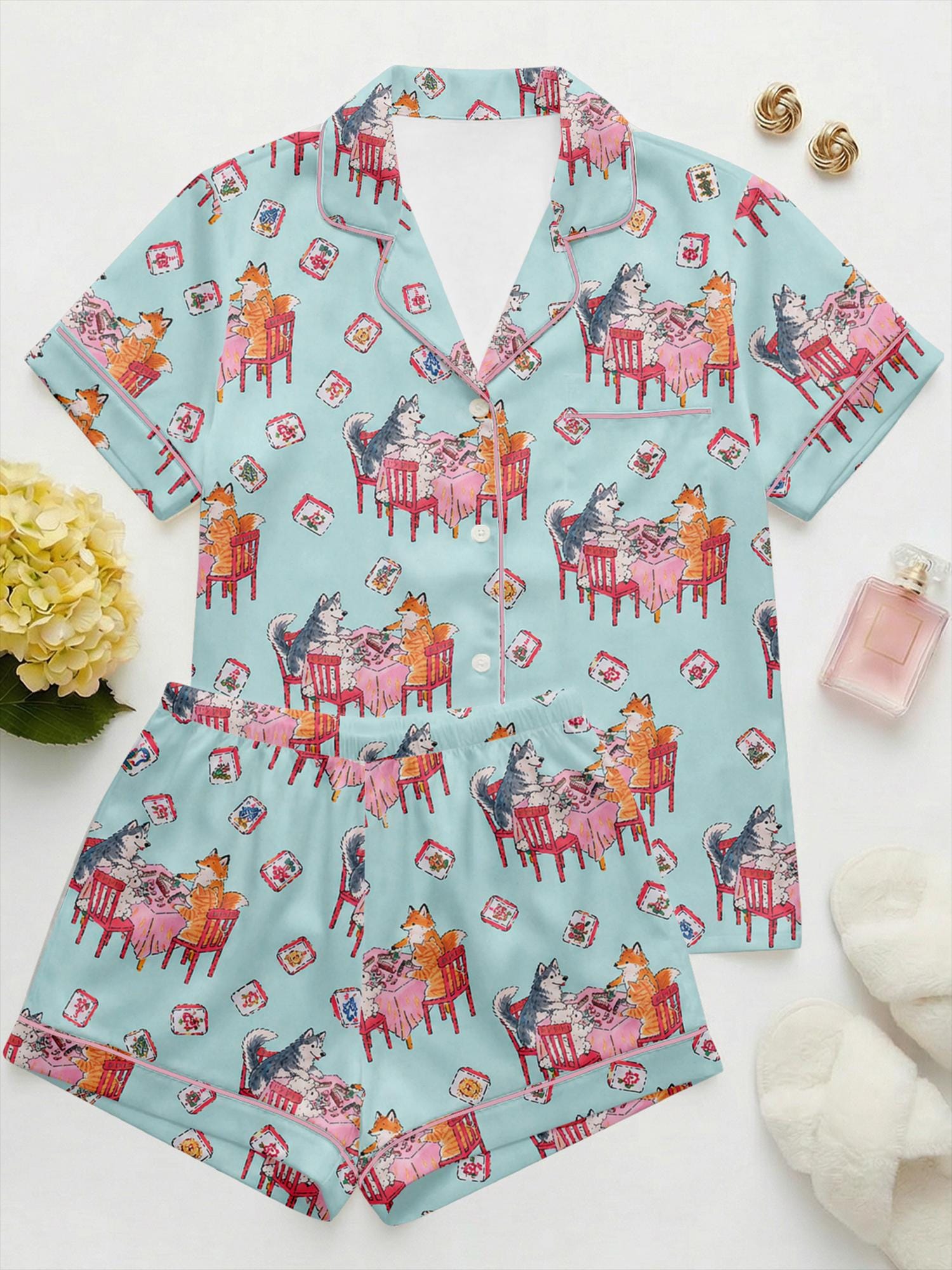 Animal Mahjong Satin Pajama Set, Cute Dog & Cat Pajamas, Summer Short PJs, Mahjong Party Outfit, Gift for Mahjong Lovers, Mother’s Day Gift