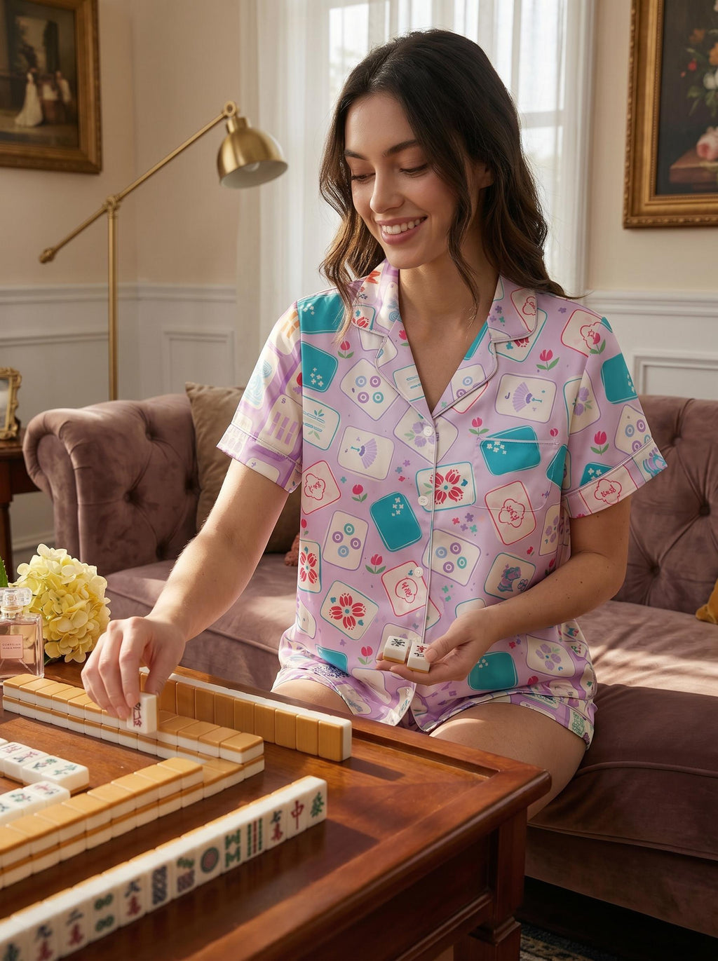 Satin Mahjong Pajama Set, Lavender Tile Print Sleepwear, Game Night Loungewear