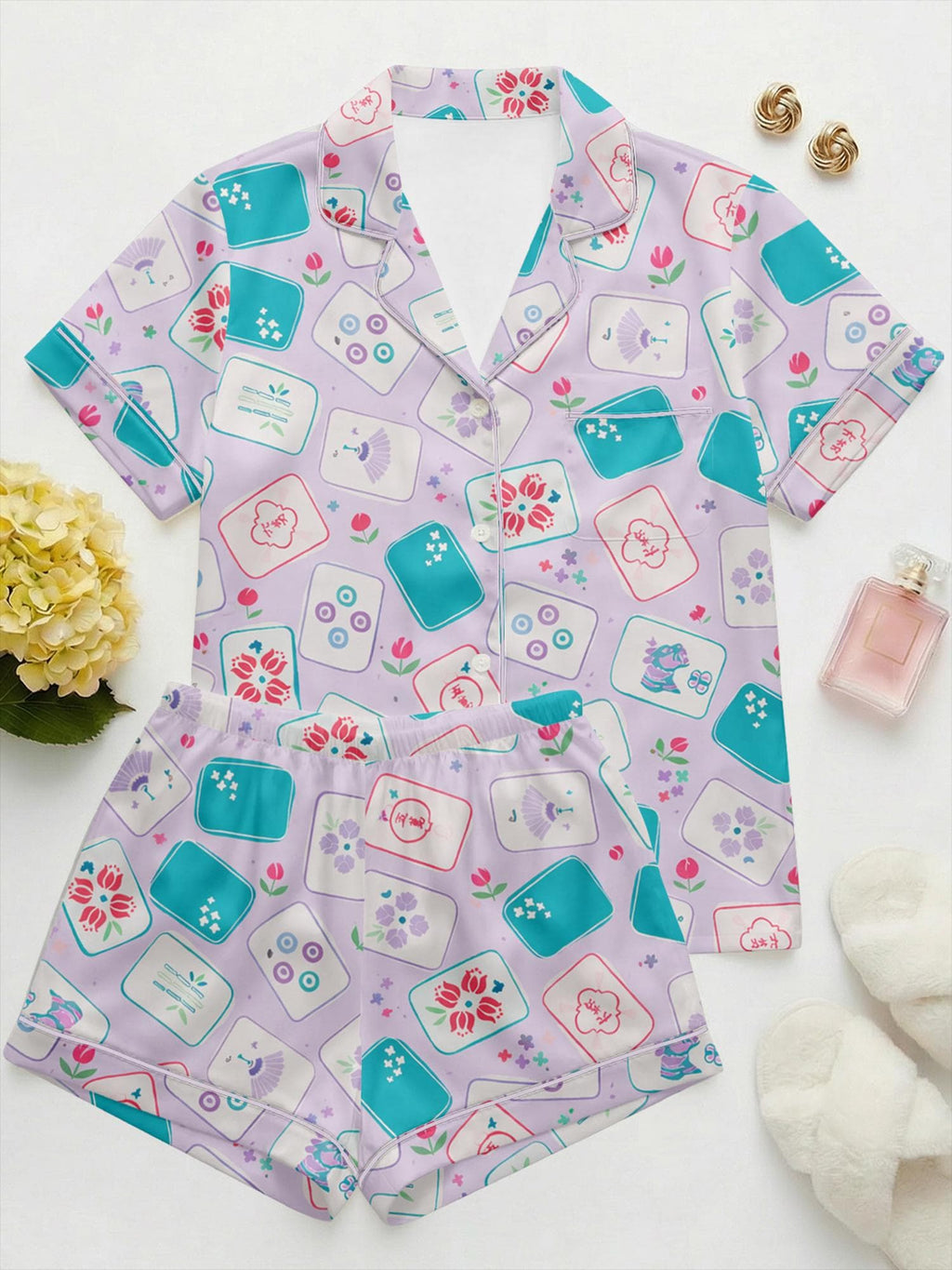 Satin Mahjong Pajama Set, Lavender Tile Print Sleepwear, Game Night Loungewear