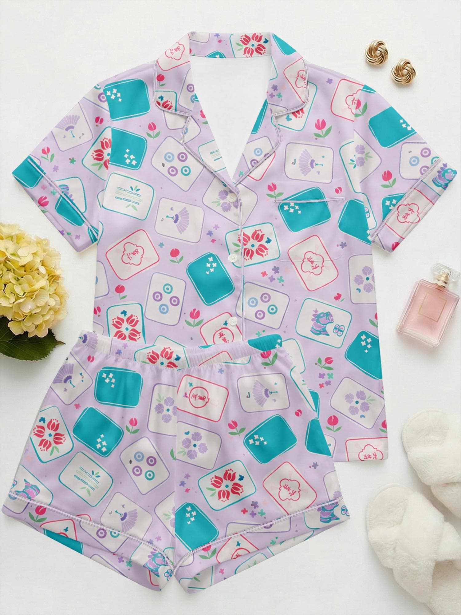 Satin Mahjong Pajama Set, Lavender Tile Print Sleepwear, Game Night Loungewear
