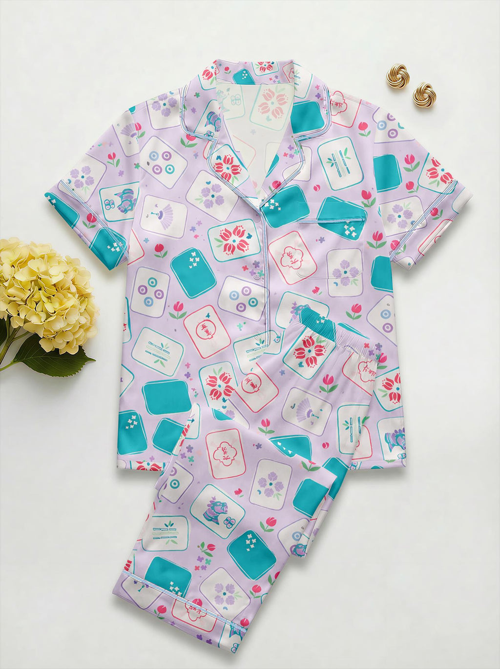 Satin Mahjong Pajama Set, Lavender Tile Print Sleepwear, Game Night Loungewear