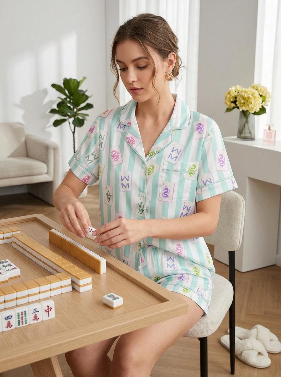 Satin Mahjong Pajama Set Women, Summer Sleepwear Shorts Set, Cute Striped Lounge Set, Mahjong Lover Gift, Girls Night Pajamas