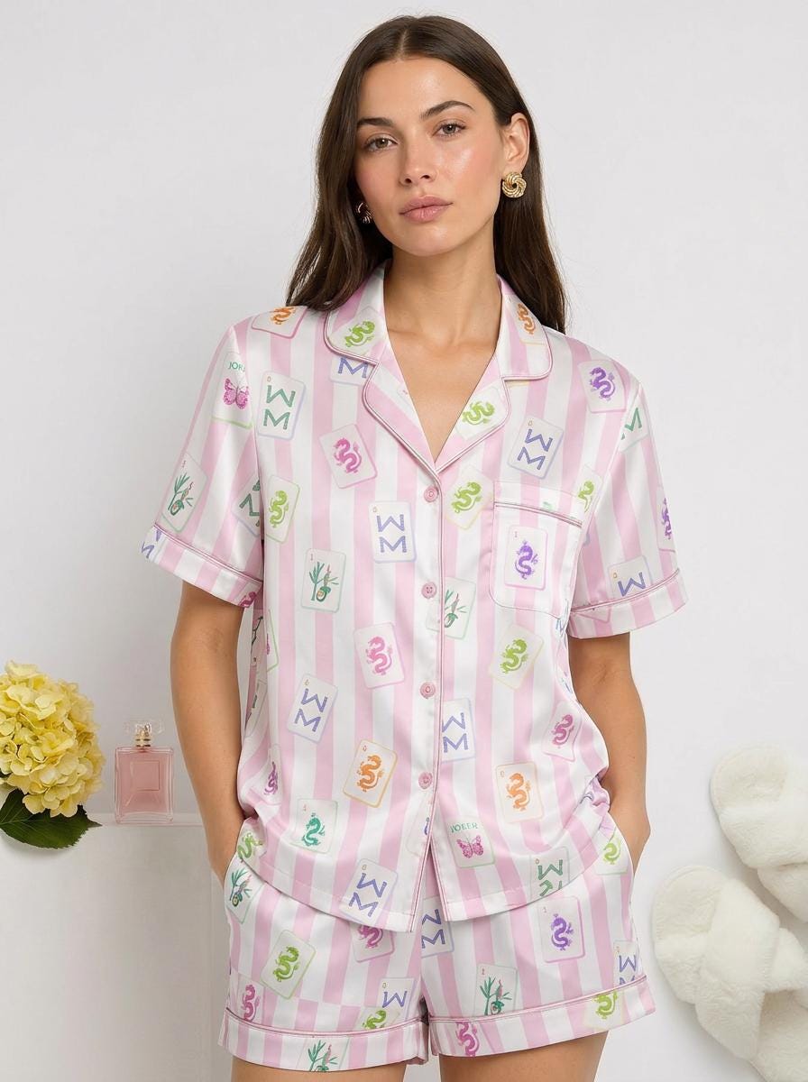 Satin Mahjong Pajama Set Women, Summer Sleepwear Shorts Set, Cute Striped Lounge Set, Mahjong Lover Gift, Girls Night Pajamas