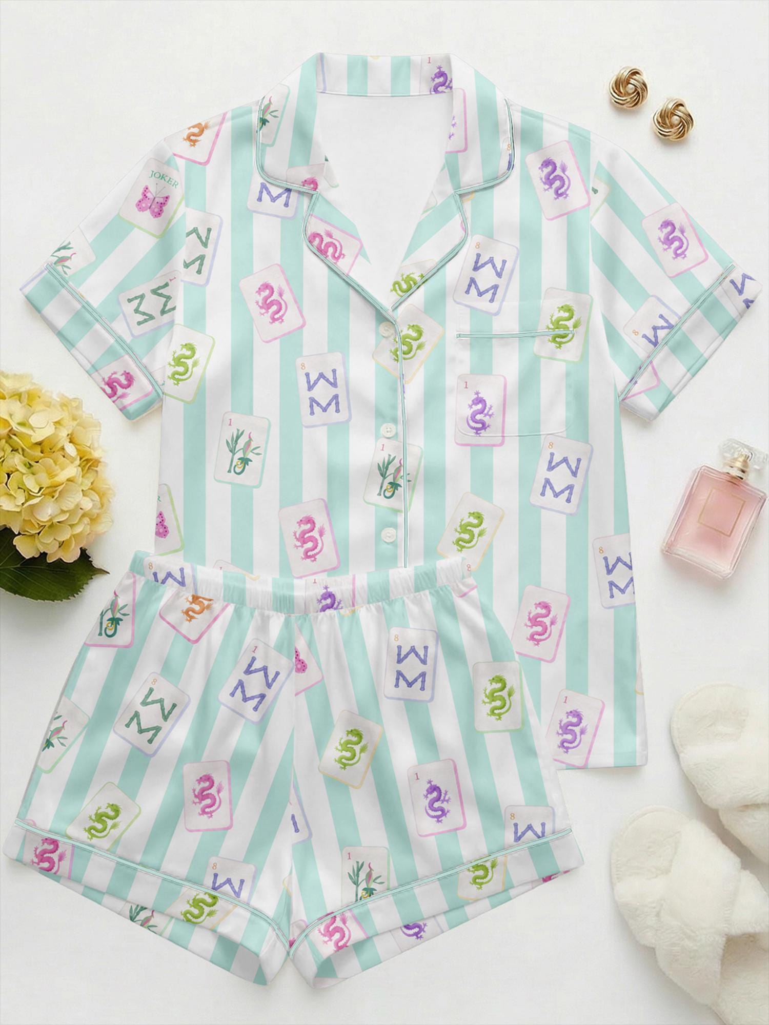 Satin Mahjong Pajama Set Women, Summer Sleepwear Shorts Set, Cute Striped Lounge Set, Mahjong Lover Gift, Girls Night Pajamas