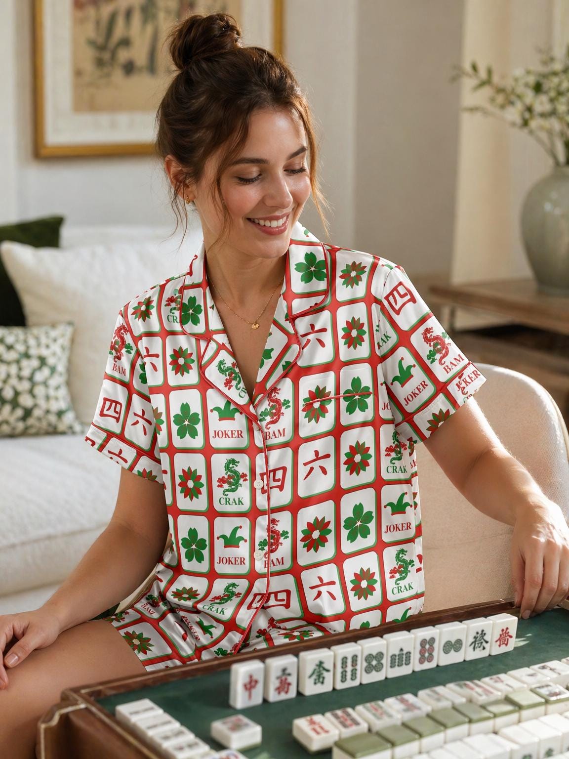Mahjong Satin Pajama Set for Women, Summer Mahjong Print Sleepwear, American Mahjong Party Pajamas, Gift for Mahjong Lovers