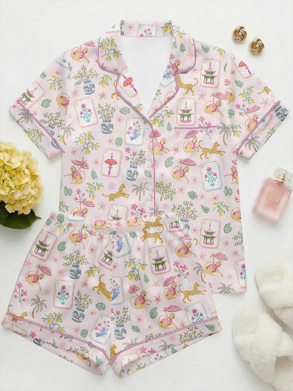 Mahjong Satin Pajama Set for Women, Monkey Print Pajamas, Summer Short PJs, Cute Oriental Mahjong Sleepwear, Gift for Mom
