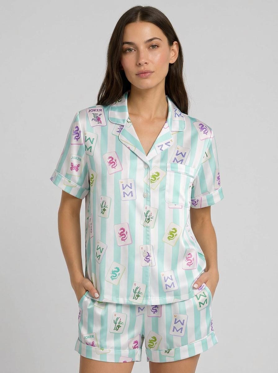 Satin Mahjong Pajama Set Women, Summer Sleepwear Shorts Set, Cute Striped Lounge Set, Mahjong Lover Gift, Girls Night Pajamas