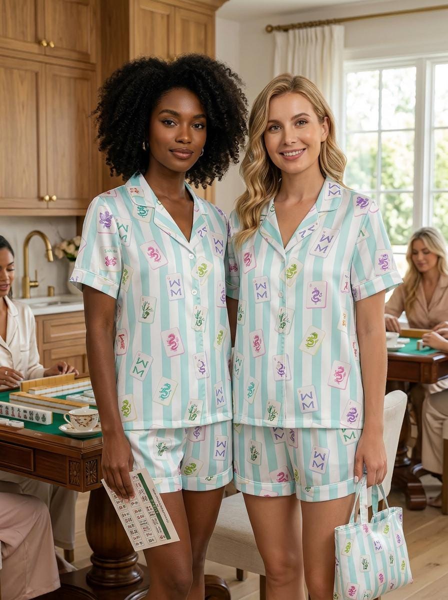 Satin Mahjong Pajama Set Women, Summer Sleepwear Shorts Set, Cute Striped Lounge Set, Mahjong Lover Gift, Girls Night Pajamas